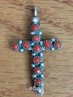 Zuni Native American Turquoise Coral Reversible Sterling Silver Cross Pendant