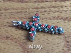 Zuni Native American Turquoise Coral Reversible Sterling Silver Cross Pendant