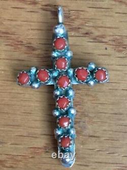 Zuni Native American Turquoise Coral Reversible Sterling Silver Cross Pendant