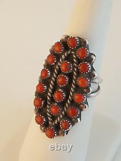 Zuni coral snake eye sterling silver double band ring early beaded sz 7 pave