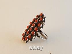 Zuni coral snake eye sterling silver double band ring early beaded sz 7 pave