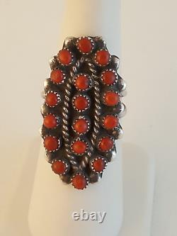 Zuni coral snake eye sterling silver double band ring early beaded sz 7 pave