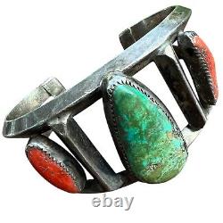 77g Vtg Ancien Bracelet Navajo Amérindien en Turquoise et Corail en Argent Sterling Vieux Pion