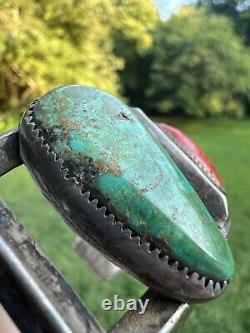 77g Vtg Ancien Bracelet Navajo Amérindien en Turquoise et Corail en Argent Sterling Vieux Pion