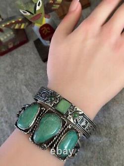 ANCIEN BRACELET EN ARGENT STERLING NAVAHO TURQUOISE AVEC LOGO TOURBILLON ET OISEAU DU TONNERRE DES ANNÉES 1920