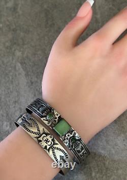 ANCIEN BRACELET EN ARGENT STERLING NAVAHO TURQUOISE AVEC LOGO TOURBILLON ET OISEAU DU TONNERRE DES ANNÉES 1920