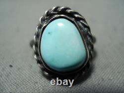 Amazing Vintage Vintage Navajo Bleu Clair Turquoise Sterling Silver Perle Ring Old