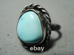 Amazing Vintage Vintage Navajo Bleu Clair Turquoise Sterling Silver Perle Ring Old
