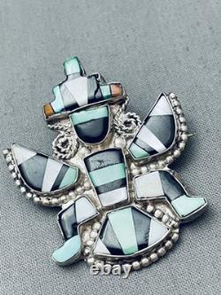 Ancien Pin en Incrustation d'Argent Sterling avec Turquoise Verte Zuni Vintage Précoce