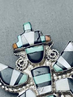Ancien Pin en Incrustation d'Argent Sterling avec Turquoise Verte Zuni Vintage Précoce
