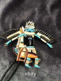 Ancien danseur d'aigle Zuni vintage des années 50-60 avec incrustation de turquoise et coquillage, non signé