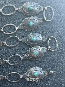 Ancienne ceinture/collier Concho Navajo en argent sterling et turquoise de collection précoce.