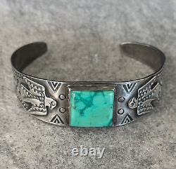 Ancienne époque de Fred Harvey: Bracelet en argent sterling et turquoise Navajo Thunderbird