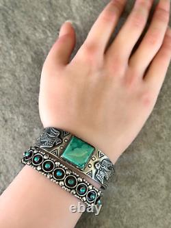 Ancienne époque de Fred Harvey: Bracelet en argent sterling et turquoise Navajo Thunderbird