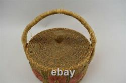 Antique First American Pine Needle Floral Lided Wicker Basket