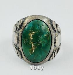 Antique Les Années 1900 Dark Green Cerrillos Turquoise Navajo Ingot Coin Silver Ring