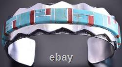 Argent & Turquoise & Coral Navajo Inlay Mtns Bracelet Homme Wilson Dawes 8j15n