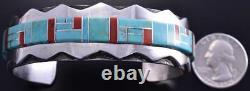 Argent & Turquoise & Coral Navajo Inlay Mtns Bracelet Homme Wilson Dawes 8j15n