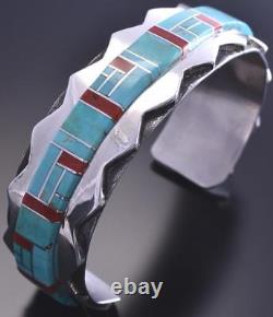 Argent & Turquoise & Coral Navajo Inlay Mtns Bracelet Homme Wilson Dawes 8j15n