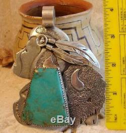 Au Début Zuni Dan Nieto Énorme Turquoise En Argent Sterling Buffalo Hunter Pendentif 148gr