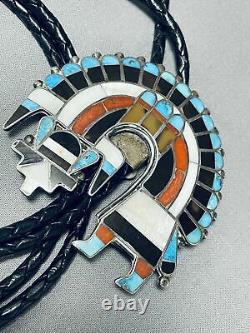 Authentic Vintage Zuni Turquoise Sterling Argent Inlay Bolo Tie