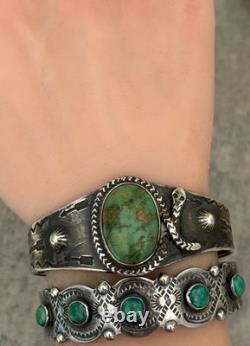 BRACELET EN ARGENT EARLY FRED HARVEY NAVAJO TURQUOISE SERPENT À SONNETTE LOGO TOURBILLON 47+g