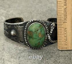BRACELET EN ARGENT EARLY FRED HARVEY NAVAJO TURQUOISE SERPENT À SONNETTE LOGO TOURBILLON 47+g