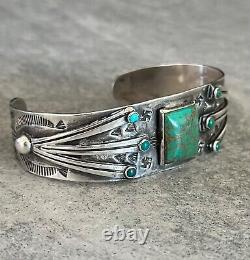 BRACELET EN ARGENT STERLING TURQUOISE AVEC PLUMES D'AIGLE EN LOG TOURBILLON NAVAJO DE FRED HARVEY DES ANNÉES 1930