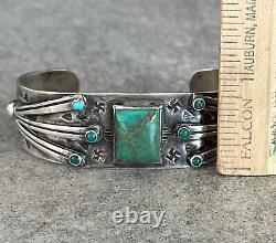 BRACELET EN ARGENT STERLING TURQUOISE AVEC PLUMES D'AIGLE EN LOG TOURBILLON NAVAJO DE FRED HARVEY DES ANNÉES 1930