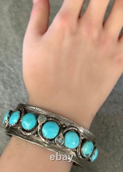 BRACELET LARGE EN ARGENT STERLING TURQUOISE ZUNI EFFIE CALAVAZA VINTAGE ANCIEN 80+g