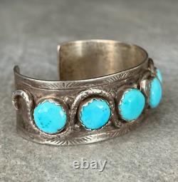 BRACELET LARGE EN ARGENT STERLING TURQUOISE ZUNI EFFIE CALAVAZA VINTAGE ANCIEN 80+g