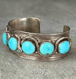 BRACELET LARGE EN ARGENT STERLING TURQUOISE ZUNI EFFIE CALAVAZA VINTAGE ANCIEN 80+g