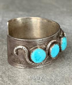 BRACELET LARGE EN ARGENT STERLING TURQUOISE ZUNI EFFIE CALAVAZA VINTAGE ANCIEN 80+g