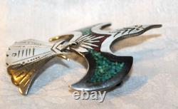 BROCHE D'OISEAU DE PEYOTE EN ARGENT STERLING TURQUOISE SIGNÉE PAR LE PRÉCOCE NAVAJO TOMMY SINGER