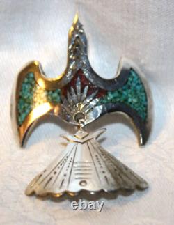 BROCHE D'OISEAU DE PEYOTE EN ARGENT STERLING TURQUOISE SIGNÉE PAR LE PRÉCOCE NAVAJO TOMMY SINGER