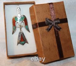 BROCHE D'OISEAU PEYOTE EN ARGENT STERLING TURQUOISE SIGNÉE TC PAR LE NAVAJO TOMMY SINGER