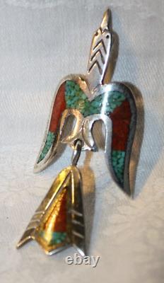 BROCHE D'OISEAU PEYOTE EN ARGENT STERLING TURQUOISE SIGNÉE TC PAR LE NAVAJO TOMMY SINGER