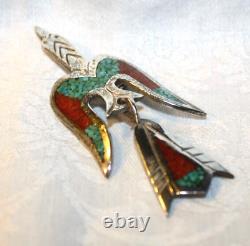 BROCHE D'OISEAU PEYOTE EN ARGENT STERLING TURQUOISE SIGNÉE TC PAR LE NAVAJO TOMMY SINGER