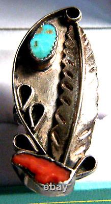 Bague Vintage 'Old Pawn' Navajo en corail et turquoise incrusté de plumes en argent sterling 925 taille 7