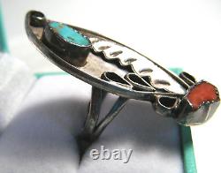 Bague Vintage 'Old Pawn' Navajo en corail et turquoise incrusté de plumes en argent sterling 925 taille 7