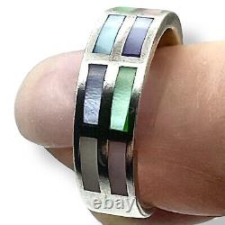 Bague Zuni WESTIKA de Nancy Sheldon, Amérindienne, taille 9, Abalone, MOP, Jasper, 8g
