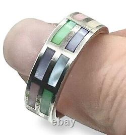 Bague Zuni WESTIKA de Nancy Sheldon, Amérindienne, taille 9, Abalone, MOP, Jasper, 8g