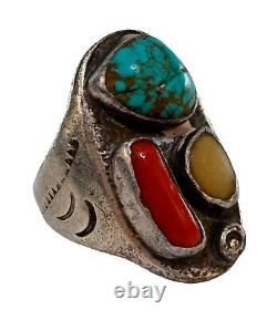 Bague ancienne en argent sterling Navajo avec turquoise/ corail/ nacre! Taille 10.75