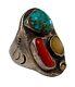 Bague Ancienne En Argent Sterling Navajo Avec Turquoise/ Corail/ Nacre! Taille 10.75