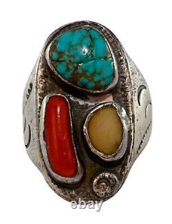 Bague ancienne en argent sterling Navajo avec turquoise/ corail/ nacre! Taille 10.75