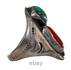 Bague ancienne en argent sterling Navajo avec turquoise/ corail/ nacre! Taille 10.75