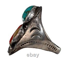 Bague ancienne en argent sterling Navajo avec turquoise/ corail/ nacre! Taille 10.75