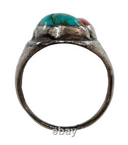 Bague ancienne en argent sterling Navajo avec turquoise/ corail/ nacre! Taille 10.75