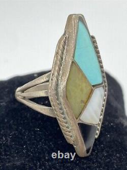 Bague ancienne en argent sterling fait main avec turquoise, onyx et perle incrustés, style Navajo - Vtg