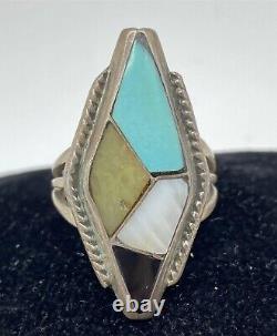 Bague ancienne en argent sterling fait main avec turquoise, onyx et perle incrustés, style Navajo - Vtg